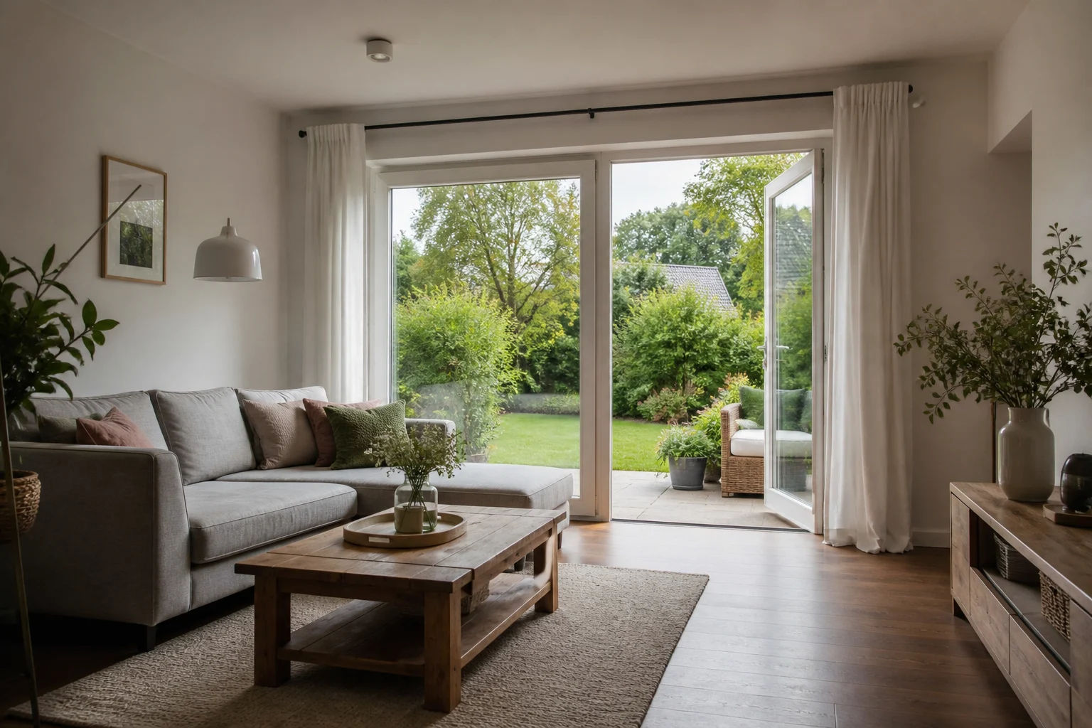Heller Wohnraum mit Blick in einen gepflegten Garten