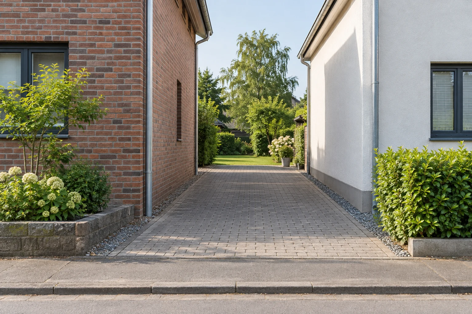 Gepflasterte seitliche Zufahrt zwischen zwei neutralen Wohngebäuden mit Blick in einen grünen Hof